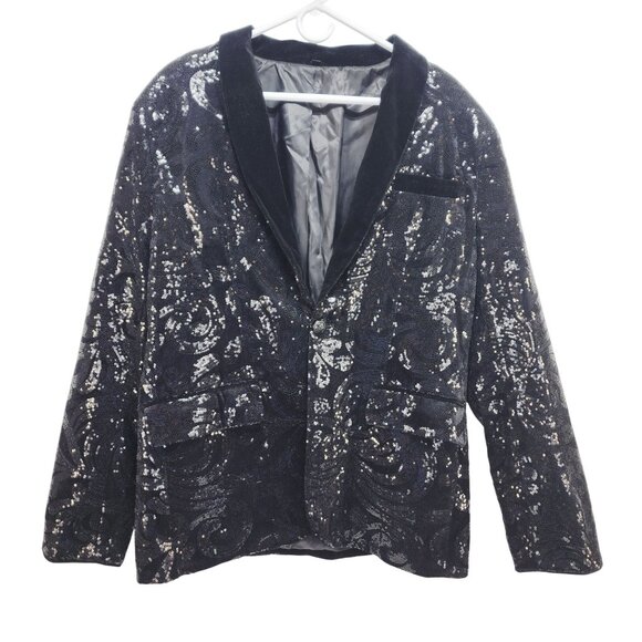 Mens Black Sequin Blazer Jacket Velvet Lapel Size M Fully Single Button Closure - Picture 1 of 8